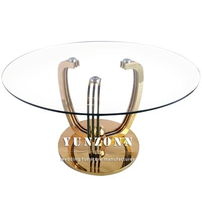Transparente 10mm starke ausgeglichene Glasplatte Luxusmodell-Round Dining Tables mit Goldbasis