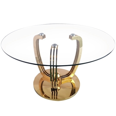 Unbedeutende Goldedelstahl-Basis-Speisetisch mit Glasplatte