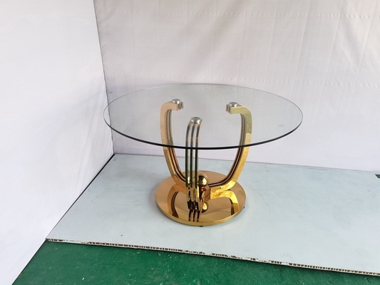 Unbedeutende Goldedelstahl-Basis-Speisetisch mit Glasplatte