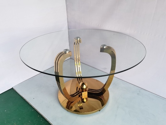 Unbedeutende Goldedelstahl-Basis-Speisetisch mit Glasplatte
