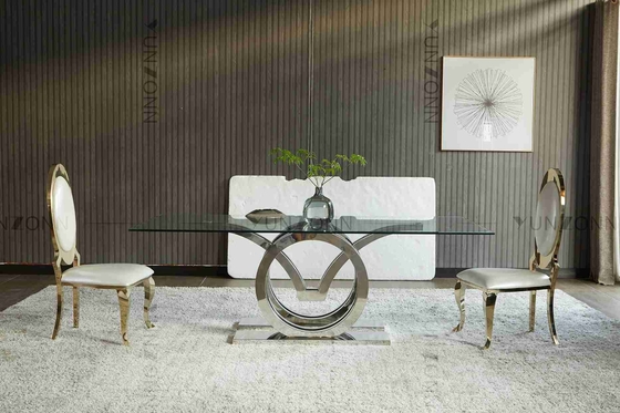 Seemöwen entwerfen moderne LuxusGlasplatte-Speisetisch einstellten Edelstahl-Grundrahmen-Silber des Sitzer-4