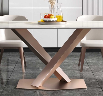 Niedriges modernes Speisetisch Luxus deutlich X Marmorplatte-Edelstahl-Rahmen des Sitzer-6 8