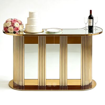 Guter Preis Moderner runder Hochzeitstresentisch mit Spiegelglasplatte und goldenem Edelstahlgestell für Party- oder Hotelnutzung Online