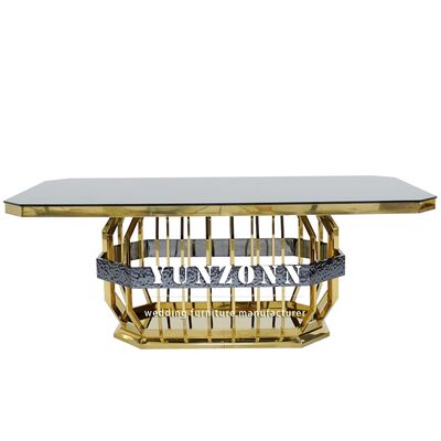 Guter Preis Moderner goldener Edelstahl-Hochzeitsbankett-Esstisch Rechteckiges Glas Hotelmöbel für Hochzeitstische und Vermietungen Online