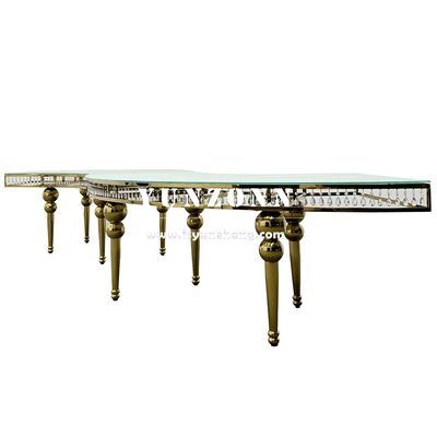 Guter Preis Heiß verkaufender Serpentin-Tisch mit transparenter Glasplatte aus Kristall und Edelstahl für Bankett, Restaurant, Empfang, Mitte, Mondtisch Online