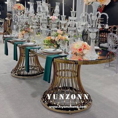 Guter Preis Luxus Gold Edelstahl Hochzeitstisch Glas Esstisch für Hotelgebrauch Elegante Veranstaltungsmöbel Online