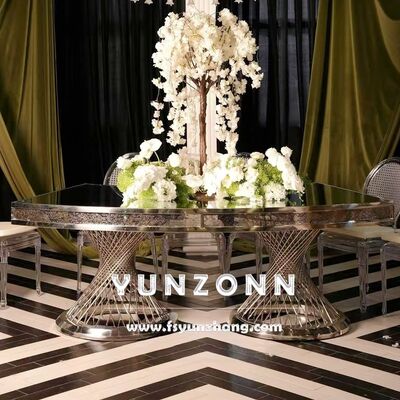 Guter Preis Esstisch mit Doppelpodest und Spiegelglasplatte, goldene Mittelstücke für Hochzeiten und Hotels Online