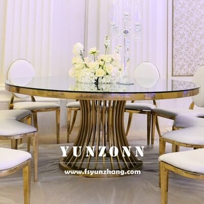 Guter Preis Luxuriöser runder Esstisch mit goldenem Edelstahlgestell und Glasplatte für Hochzeits- und Bankettmöbel im Hotel Online