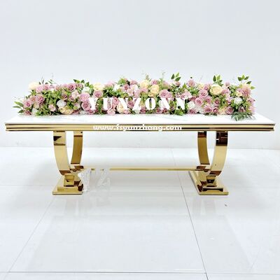 Guter Preis Luxus-Party-Veranstaltungen Dekorationen Goldbeine Tisch Modernes Glas Rechteckige Edelstahl Hochzeitsbankett Tische Online