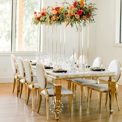 Guter Preis Modern Gold Edelstahl Spiegelglas Dining Table für Hotels Hochzeiten Partys Veranstaltungen im Freien für Bankette Online