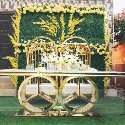 Guter Preis Moderner Edelstahlrahmen Hochzeit Esstisch Neue Outdoor Hotelmöbel mit Glas und MDF für Partys und Veranstaltungen Online