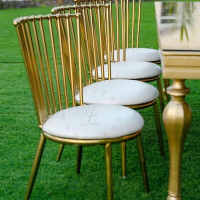 Guter Preis Großhandel Moderner Windsor Chair Gold Edelstahlrahmen mit Leder/Velvet Kombination Hotel Dining Outdoor Wohnzimmer Verwendung Online