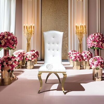 Guter Preis Luxuriöser Ess-Thron mit hoher Rückenlehne in goldenem Edelstahl mit Kreuzbeinen für Wohnzimmer im Freien, Hotels und Hochzeiten Online