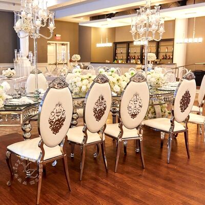 Guter Preis Moderne Gold Edelstahl Oval Rückenstuhl mit Leder für Speisesaal Hotel und Hochzeit Online